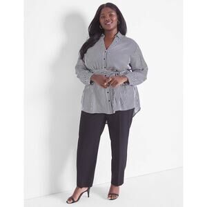 Lane Bryan Classic Belted Button Up Tunic Top Black Striped Business Casual 28